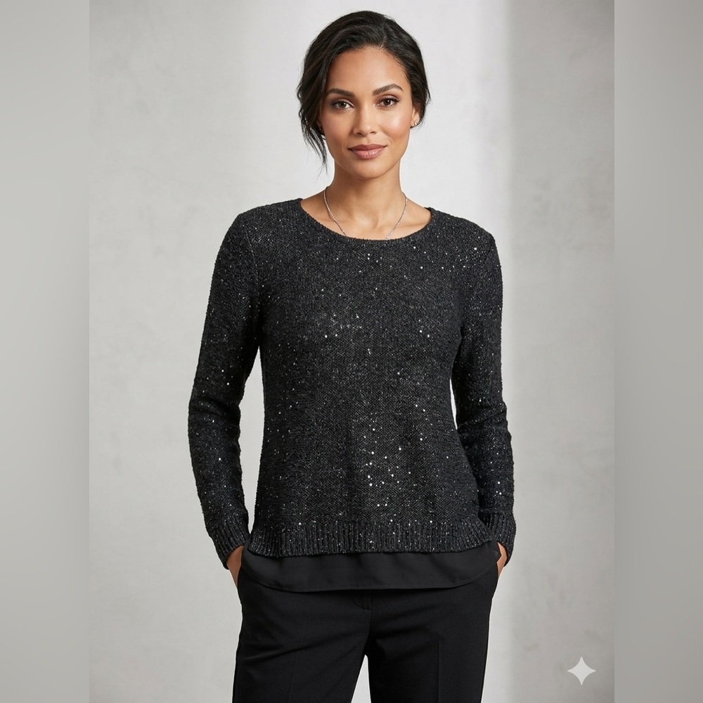 Alfani Petite P/L Charcoal Sequin Metallic Knit Sweater w/ Chiffon Layered Hem